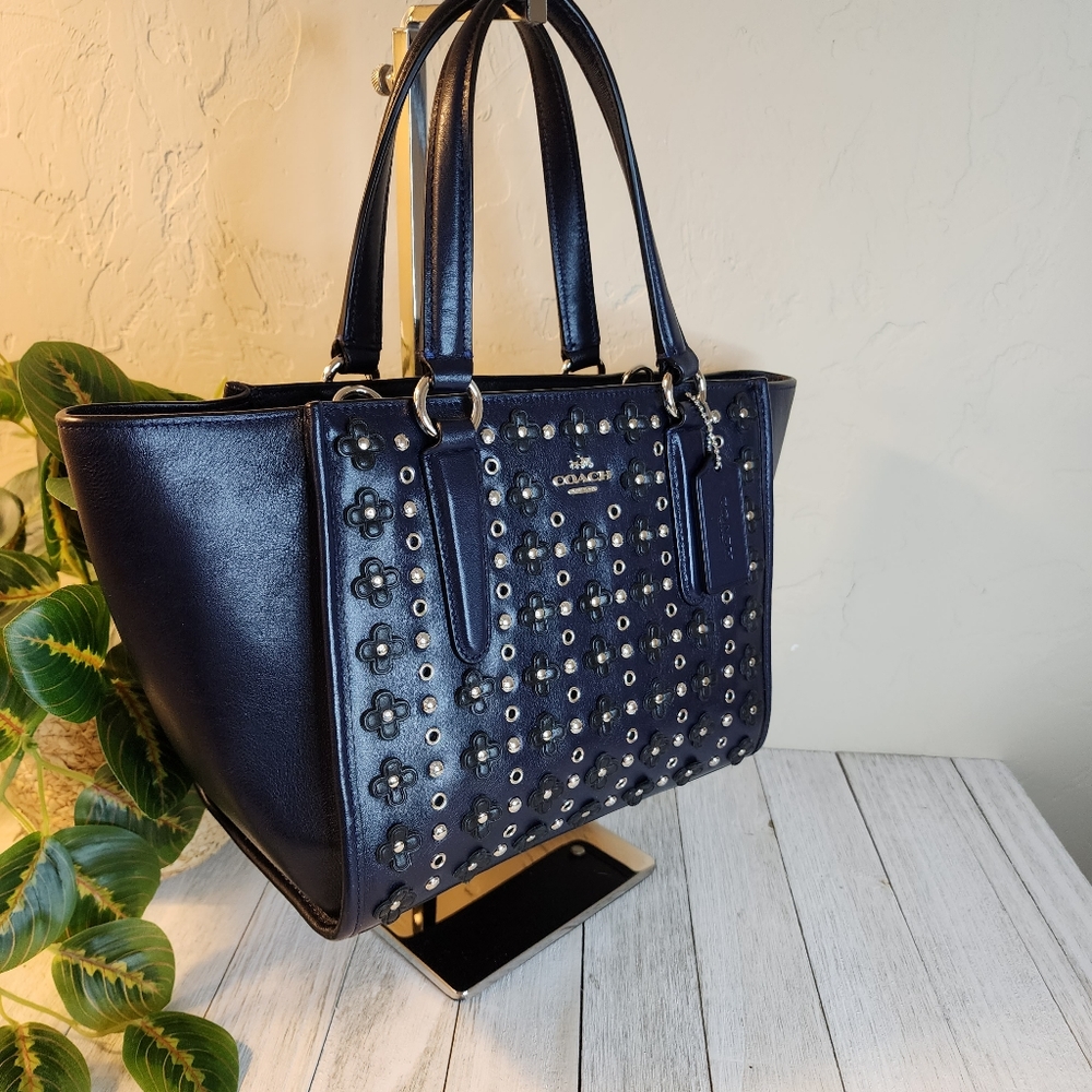 COACH Navy Mini Crosby Carryall Satchel Handbag w/Black Floral & Rivet Details - Picture 10 of 16